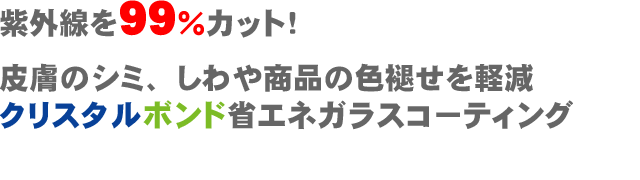 紫外線を99%カット!皮膚のシミ、しわや商品の色褪せを軽減。クリスタルボンド省エネガラスコーティング