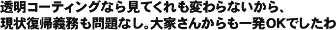 透明コーティングなら見てくれも変わらないから、現状復帰義務も問題なし。大家さんからも一発OKでしたわ